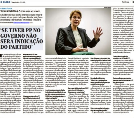 SAIU NA MÍDIA | O GLOBO: ‘Se tiver PP no governo não será indicação do partido’, diz Tereza Cristina